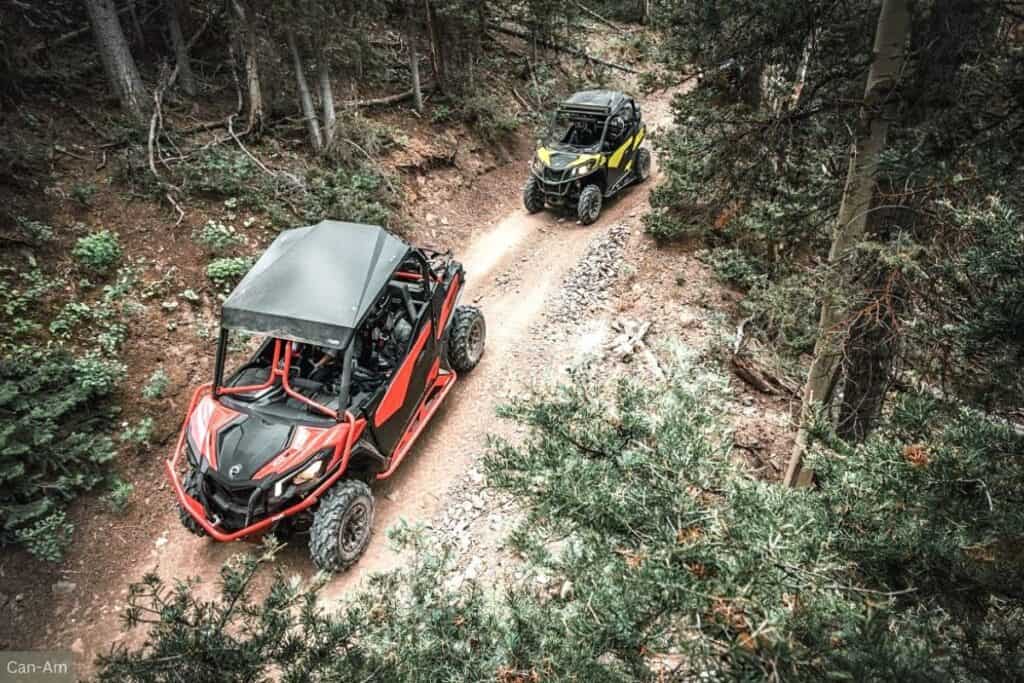 Two Can-Am Maverick UTVs Navigating a Narrow Dirt Trail Surrounded by Dense Forest