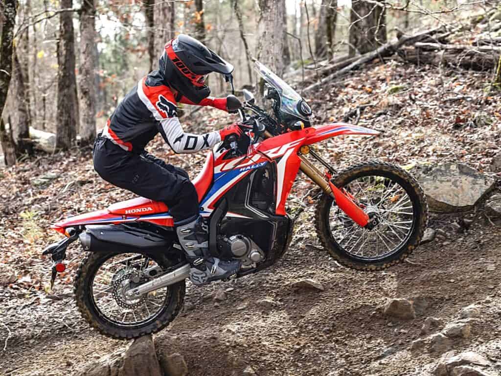 Rider on a Red Honda CRF300L Rally Dirt Bike Navigating a Rocky Trail in a Forest