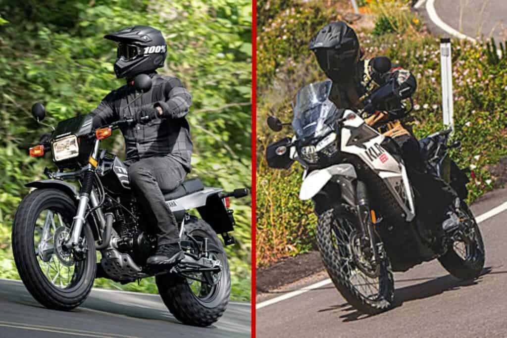On the left, a rider in all-black attire and a full-face helmet is riding a classic Yamaha street motorcycle on a paved road amidst lush greenery. On the right, a different rider, also in full gear, navigates a bend on a Kawasaki KLR 650 adventure bike on a mountainous road.