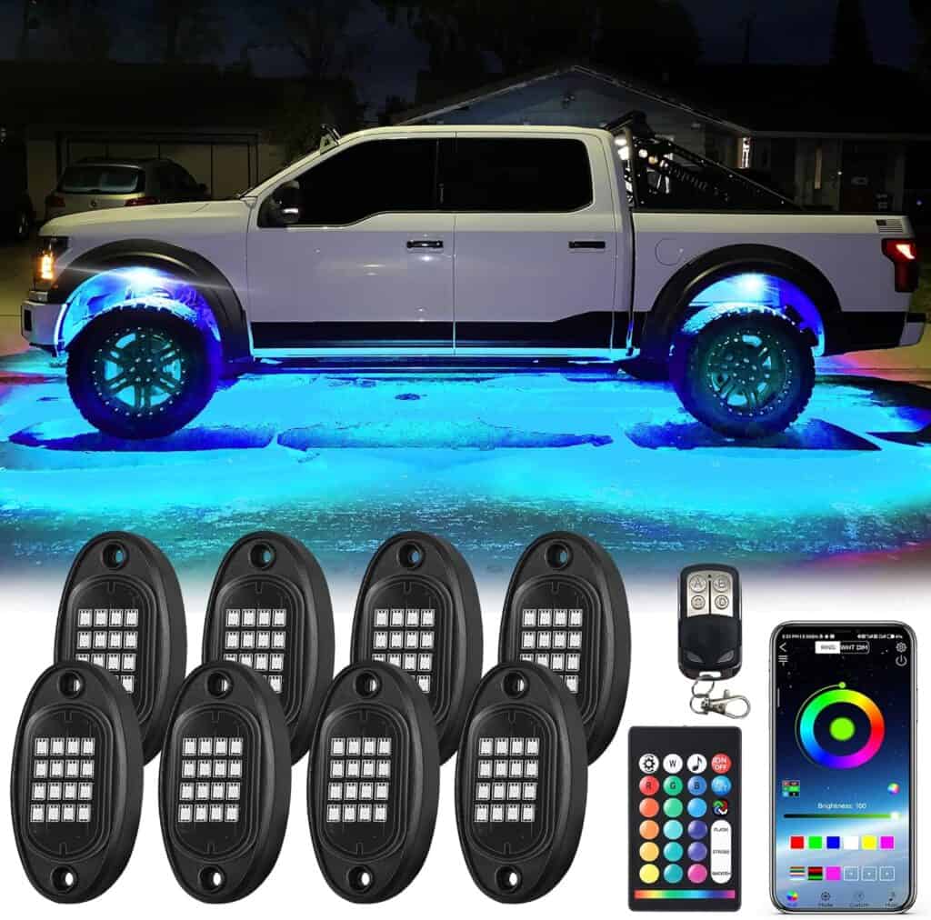 8 Teal Pods RGB LED Rock Lights with APP-RF Remote Control, Underglow Lights Multi-Zone Neon Exterior Lights Multicolor 12v Waterproof