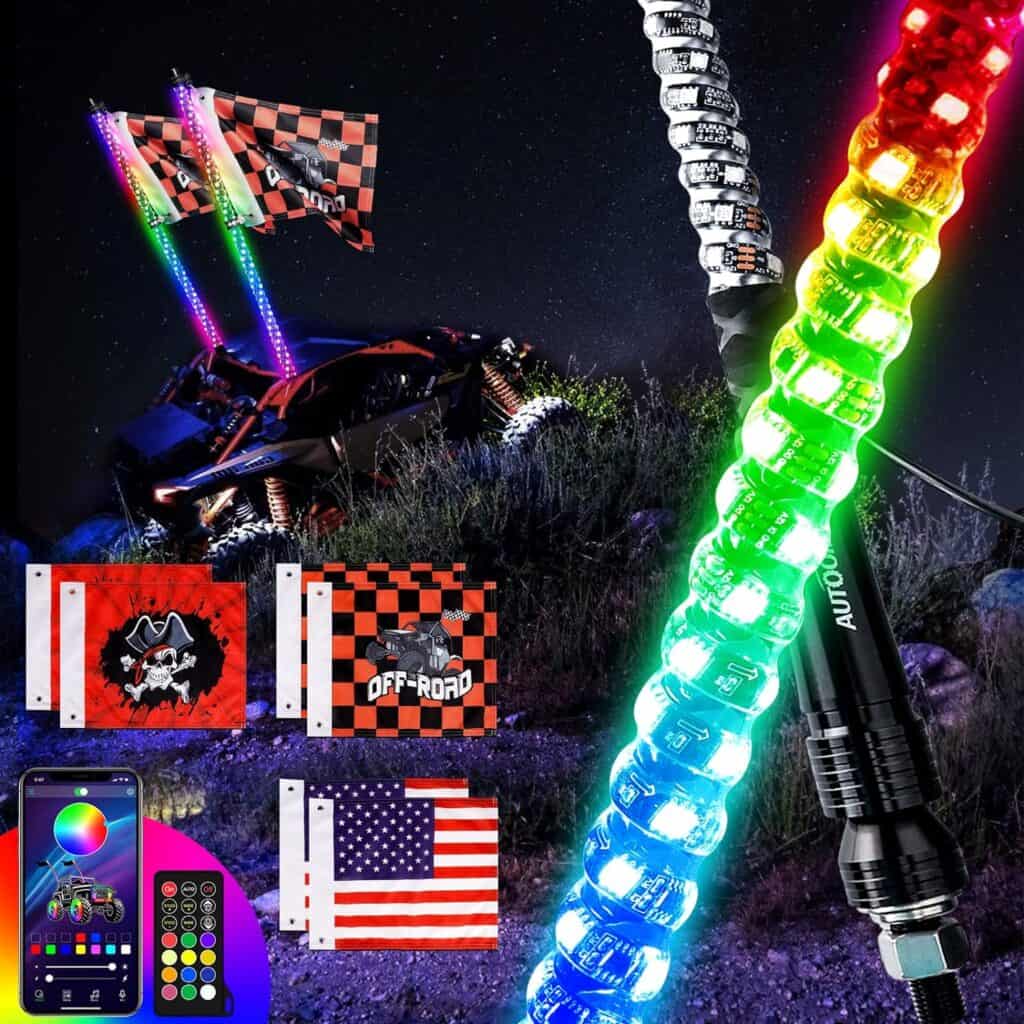 Chase Flash 3FT RGB and White LED Whip Lights - 3X Brighter Professional UTV Whip Light, with 6 Off-Road Flags, APP & Remote Control, 366 Modes Chasing Lighted Antenna Whip for UTV ATV RZR SXS Can-Am