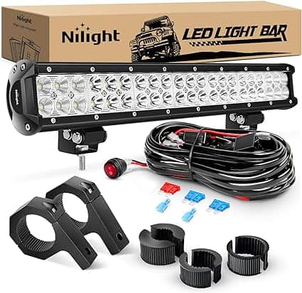 Nilight White 20 Inch 126W Spot Flood Combo LED Light Bars Off-Road Light Mounting Bracket Horizontal Bar Tube Clamp with Off Road Wiring Harness