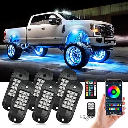 Teal RGB LED Rock Lights for Trucks, SUVs, UTVs, ATVs - 6 Pods Rock Lights Underglow Light Kit Exterior with App Control Flashing Music Mode